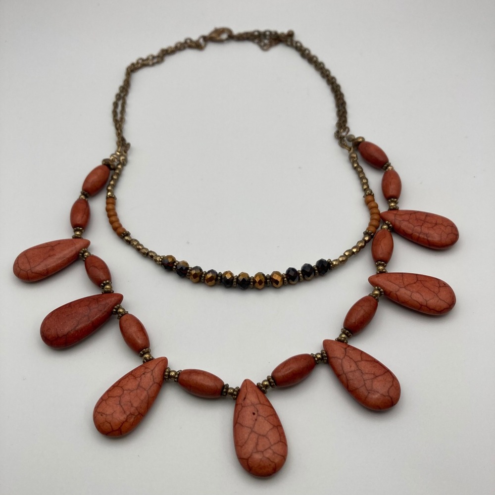 Boho Double Strand Teardrop Terracotta Bead Necklace Bronze Tone 18 Inch